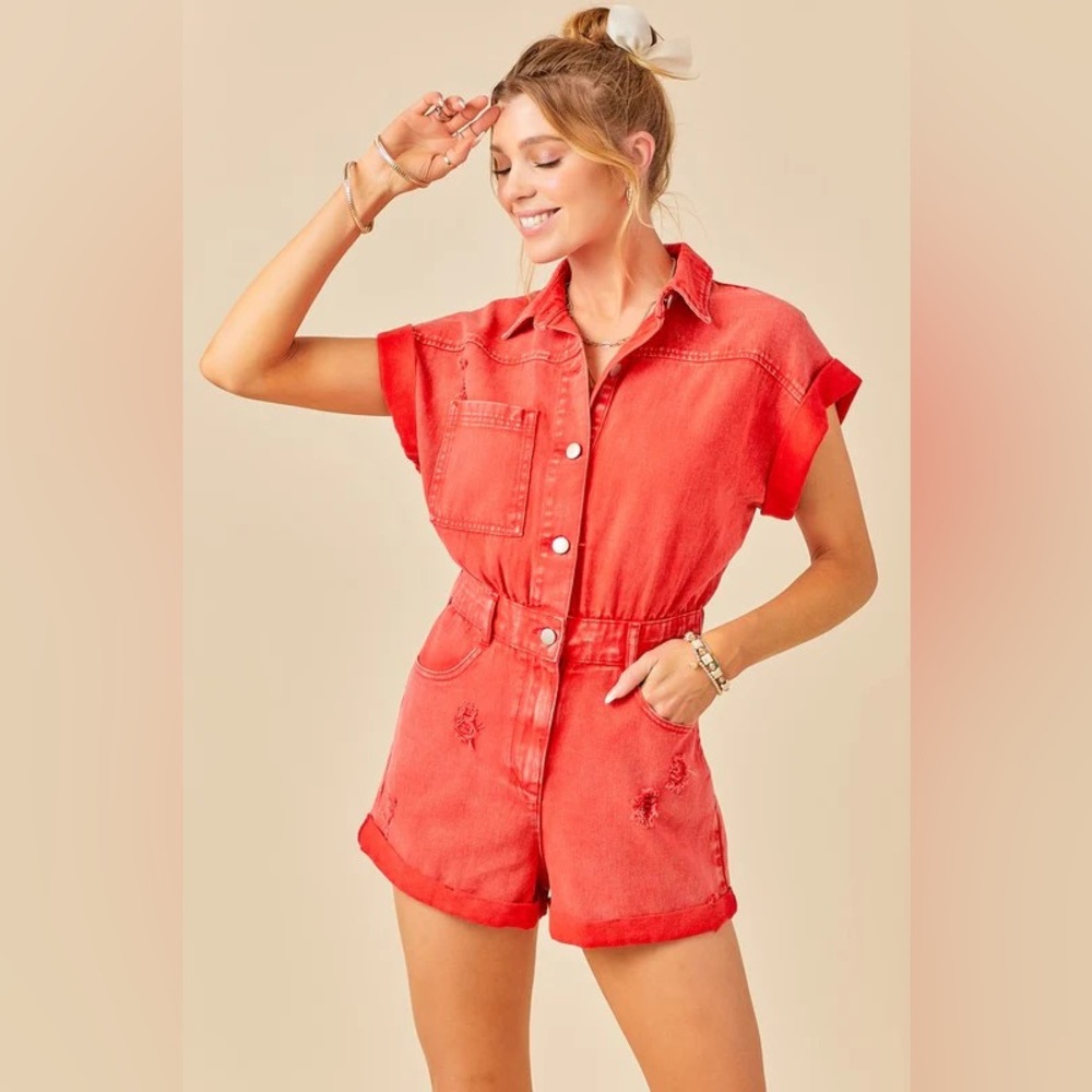 Day + Moon Washed Denim Romper - Red
